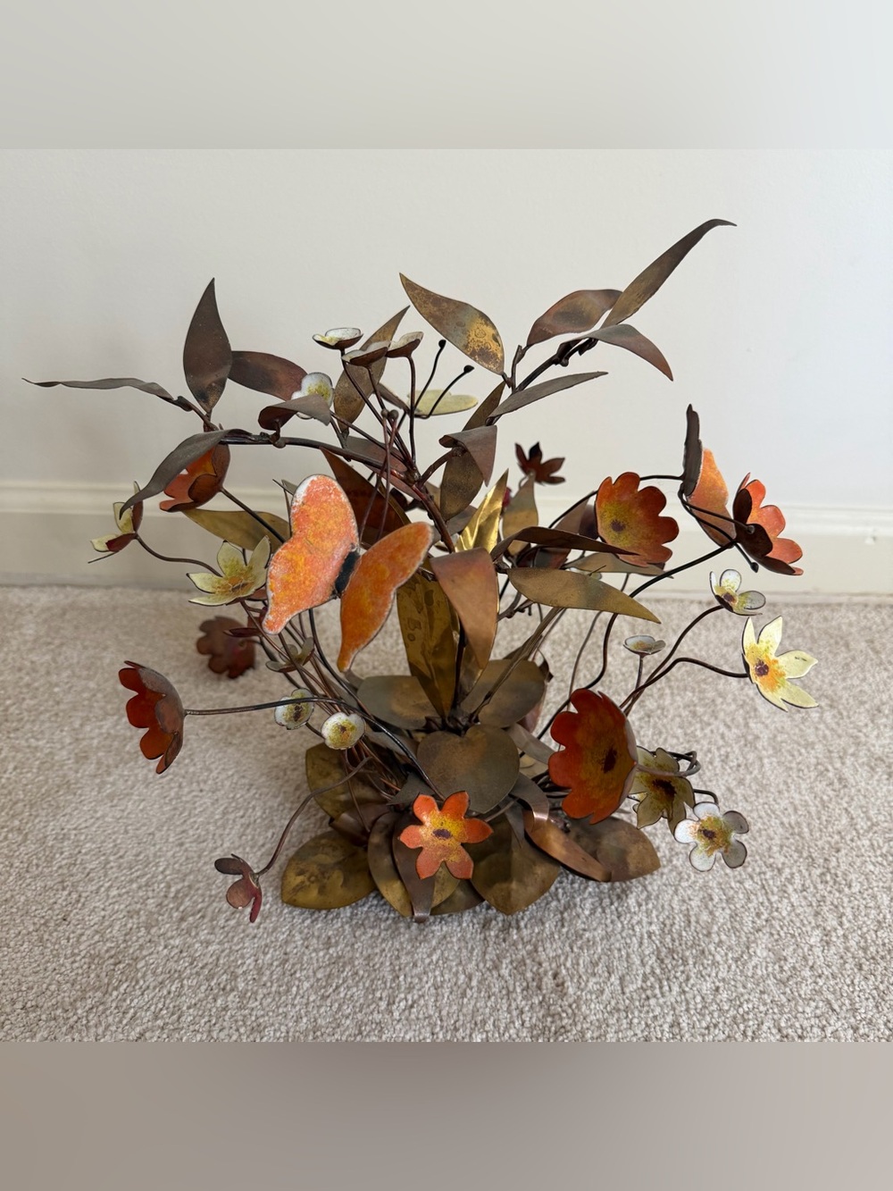 Vintage MCM Enamel & Copper Floral Butterfly Tabletop Sculpture Brutalist Orange